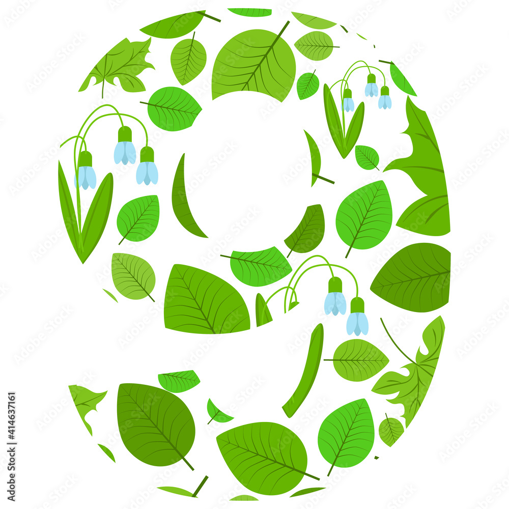 Vector number 9 of spring fresh green leaves and flowers. Illustration on the theme of numbers and counting. Vector number 9 of spring fresh green leaves and flowers. Illustration on the theme of numbers and counting.