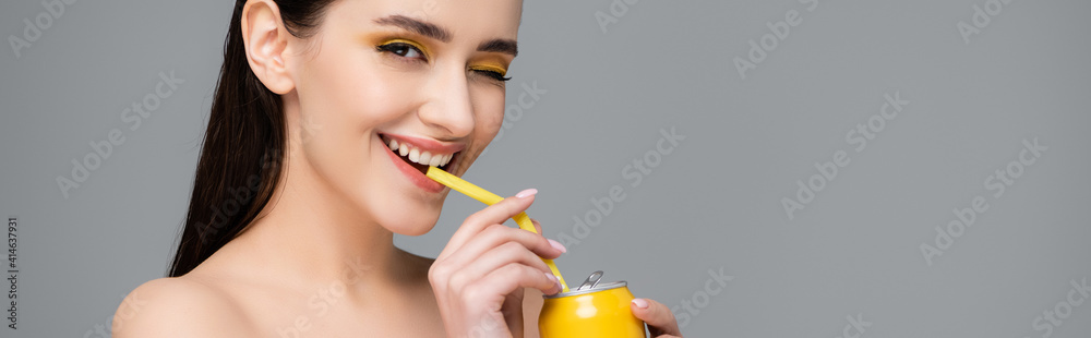 brunette woman drinking soft drink with straw isolated on grey, banner brunette woman drinking soft drink with straw isolated on grey, banner