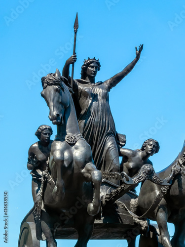 Boudicea and Her Daughters bronze monument statue erected in 1902 at the end of Westminster Bridge in London England UK, the queen was also known as Boudica or Boudicca, stock photo photo