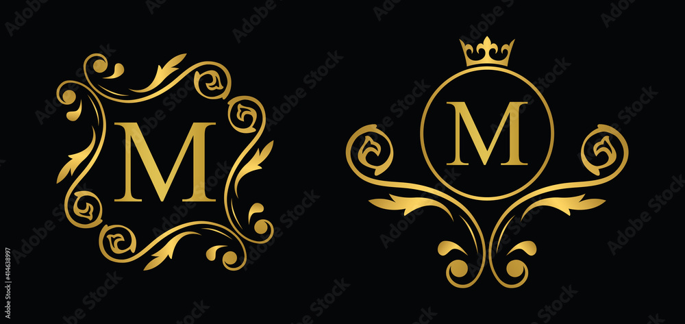 letter M. Golden flower alphabet. Beautiful capital letters.