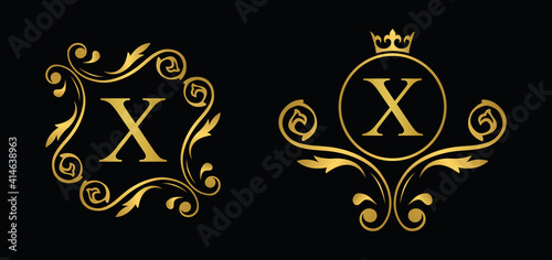 letter X. Golden flower alphabet. Beautiful capital letters.
