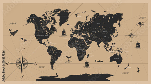 Wallpaper Mural The world map in vintage style  with all countries boundaries and names  Torontodigital.ca