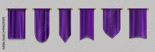 Purple pennant flags, quilt textile pendants for sport teams, varsity or heraldic symbols. Vector realistic template of blank hanging pennons on gold pin isolated on transparent background