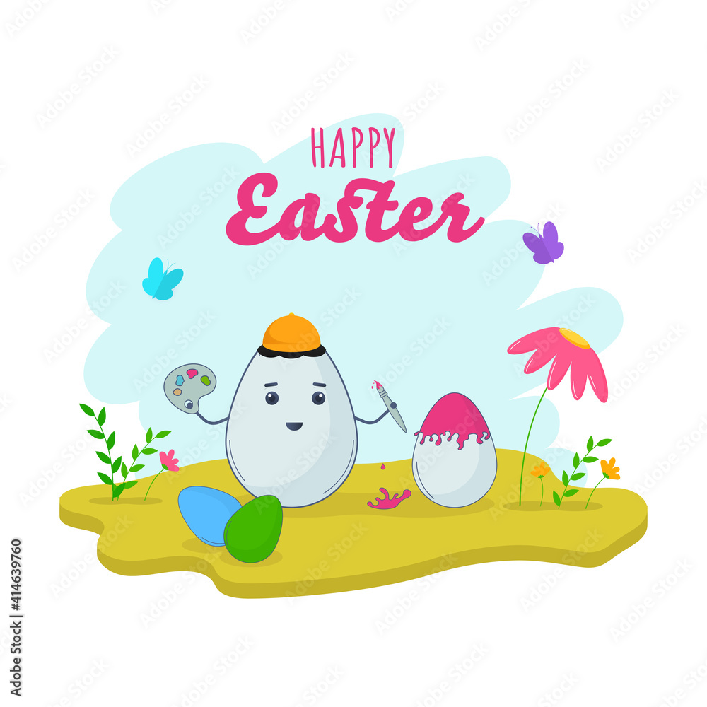 Vector Illustration Of Cartoon Eggs Holding Paintbrush With Color Plate, Butterflies On Floral White Background For Happt Easter Concept. Vector Illustration Of Cartoon Eggs Holding Paintbrush With Color Plate, Butterflies On Floral White Background For Happt Easter Concept.