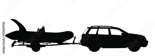 Car tows a rubber boat on a trailer vector silhouette illustration isolated on white background. Off road vehicle carry inflatable boat for fishing and outdoor fun on beach. Summer family activity.