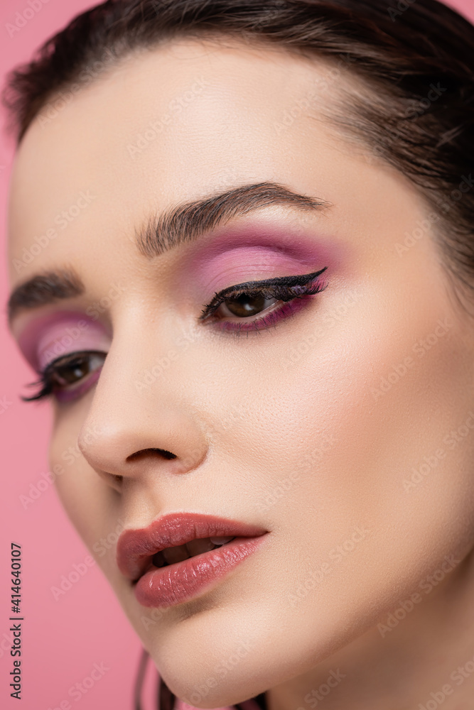 close up of young sensual woman with makeup isolated on pink close up of young sensual woman with makeup isolated on pink