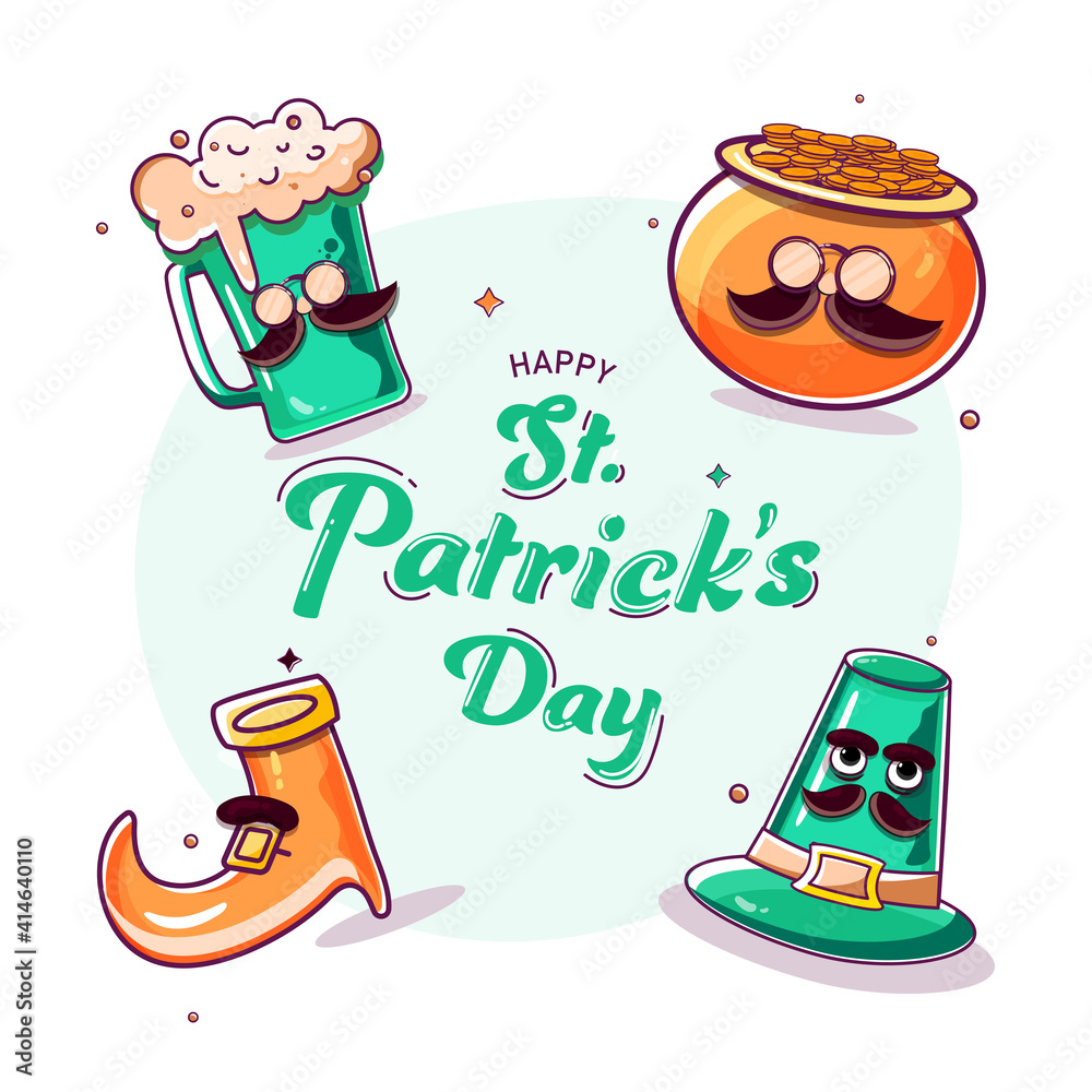 Happy St. Patrick's Day Font With Doodle Style Beer Mug, Treasure Pot, Leprechaun Hat And Shoes On White Background.