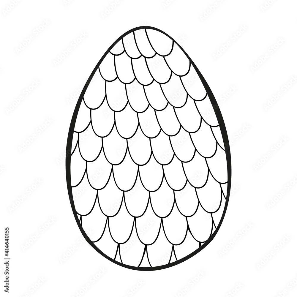 A vector illustration of an egg ornamented with tiny scales isolated on white background. Designed as a coloring book page for adults and kids, prints, wraps, background.