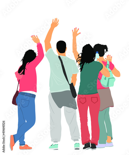 Embracing student friends waving hands vector illustration isolated on white. Happy boy and girls tourist hand wave saying hi. Send off sign people. Couple in love and roommate enjoy in summer travel.