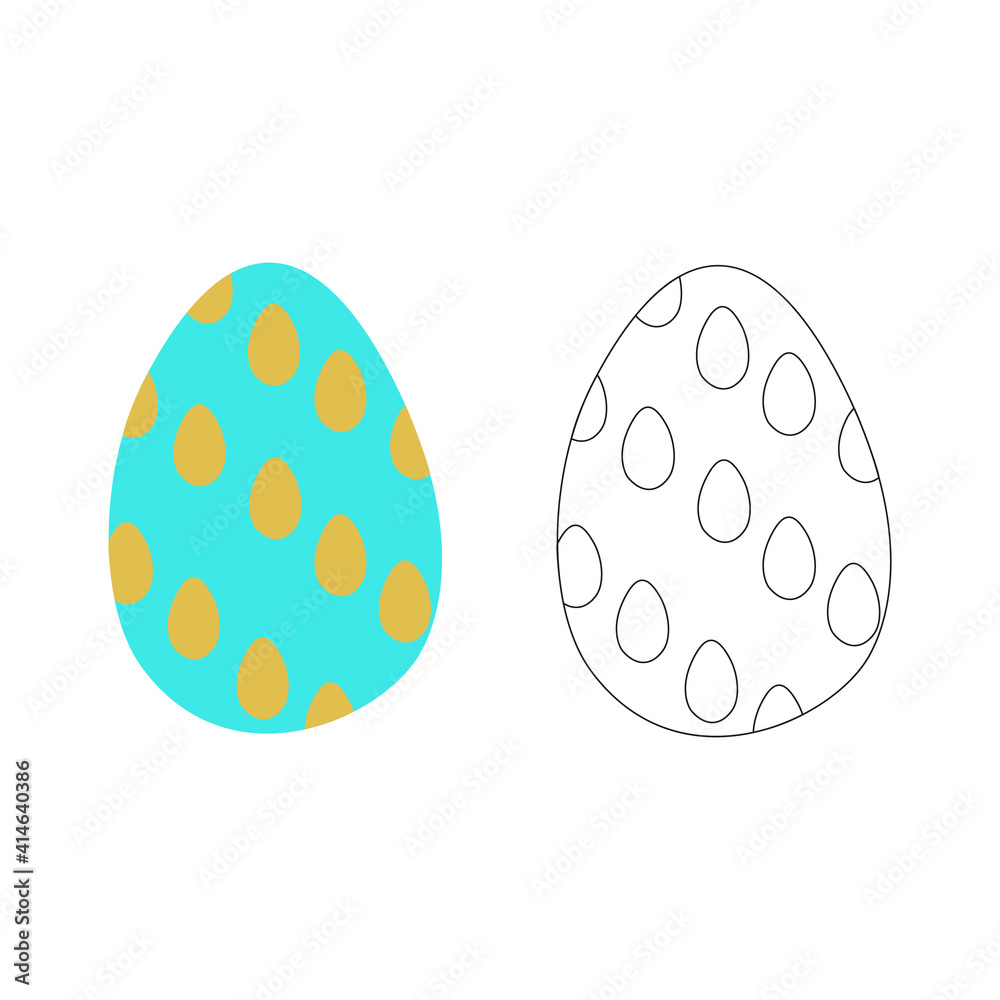 A jpeg illustration of two eggs ornamented with ellipses isolated on white background. One egg is colored turquoise and mustard, another is black and white. Designed as a coloring book page for adults A jpeg illustration of two eggs ornamented with ellipses isolated on white background. One egg is colored turquoise and mustard, another is black and white. Designed as a coloring book page for adults