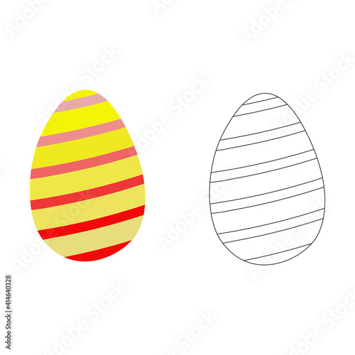 A vector illustration of two eggs ornamented stripes isolated on white background. One egg is colored orange, another is black and white. Designed as a coloring book page for adults and kids.