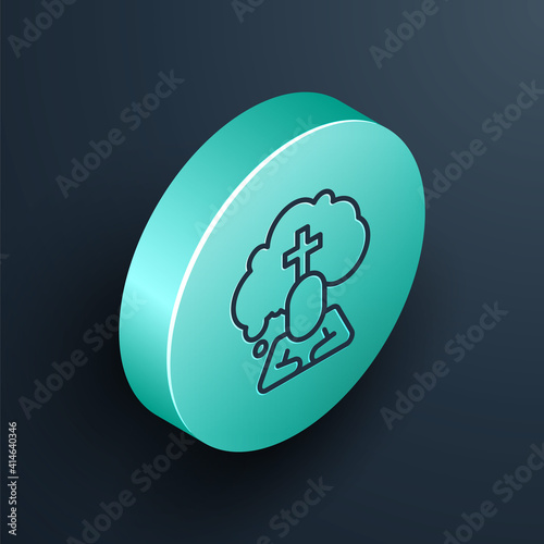 Isometric line Man graves funeral sorrow icon isolated on black background. The emotion of grief, sadness, sorrow, death. Turquoise circle button. Vector.