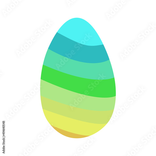 A jpeg illustration of an egg ornamented with turquoise, blue, green, mustard, yellow spiral stripes isolated on white background. Designed for prints, wraps, background.