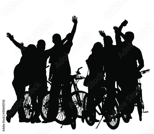 Sport tourist company friends on bicycles waving hands say hello. Silhouette biker people, mountain bike crew. Friendship leisure, summer, group of friends on city street and waving hands say good bye
