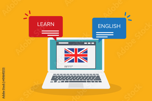 Learn English online on laptop computer. Study, education of foreign language lesson. internet learning course. Vector illustration.
