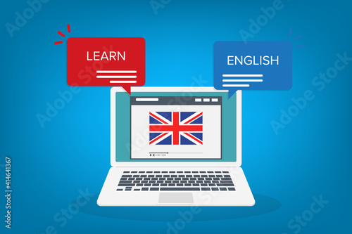 Learn English online on laptop computer. Study, education of foreign language lesson. internet learning course. Vector illustration.