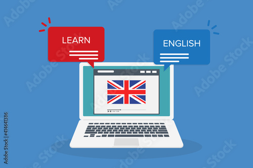 Learn English online on laptop computer. Study, education of foreign language lesson. internet learning course. Vector illustration.