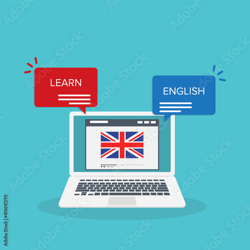 Learn English online on laptop computer. Study, education of foreign language lesson. internet learning course. Vector illustration.