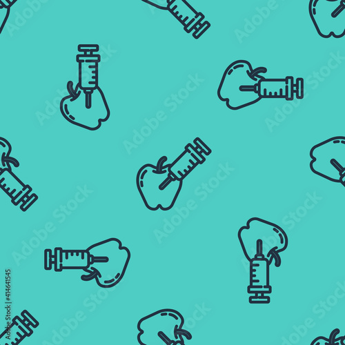 Black line Genetically modified apple icon isolated seamless pattern on green background. GMO fruit. Syringe being injected to apple. Vector.