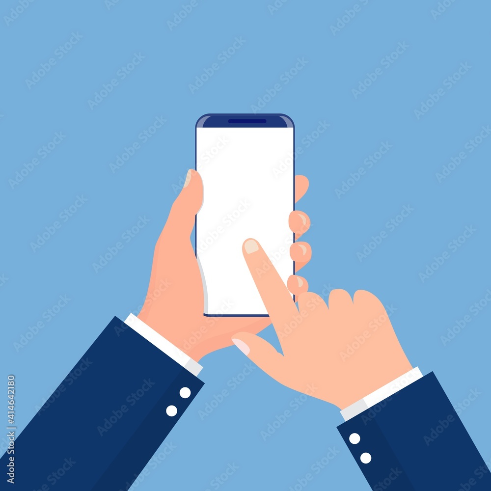 Male hand holding phone and pointing on the blank screen for add object. for your web sites, applications, web design. Business style. Vector illustration in flat style