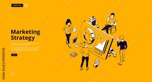 Marketing strategy isometric landing page. Tiny business people around huge digital device with data graphs and charts. Online trading, investment, automation technology, 3d vector line art web banner