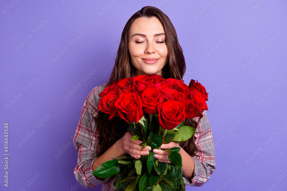Photo of joyful peaceful young charming lady smell flowers roses gift celebrate holiday isolated on violet color background Photo of joyful peaceful young charming lady smell flowers roses gift celebrate holiday isolated on violet color background