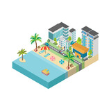 Beach with city buildings isometric. Landscape with sea. Vector illustration.