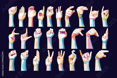 Sign language alphabet gestures pop art design vector