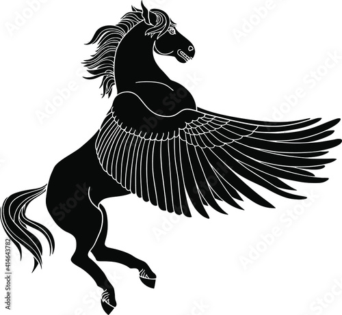 Pegasus flying horse with wings black vector silhouette isolated on white background