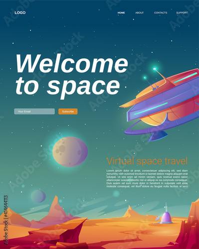 Welcome to space cartoon landing page with ufo spaceship on alien planet surface. Virtual travel to universe, galaxy explore futuristic educational technologies, cosmic advertising, Vector web banner