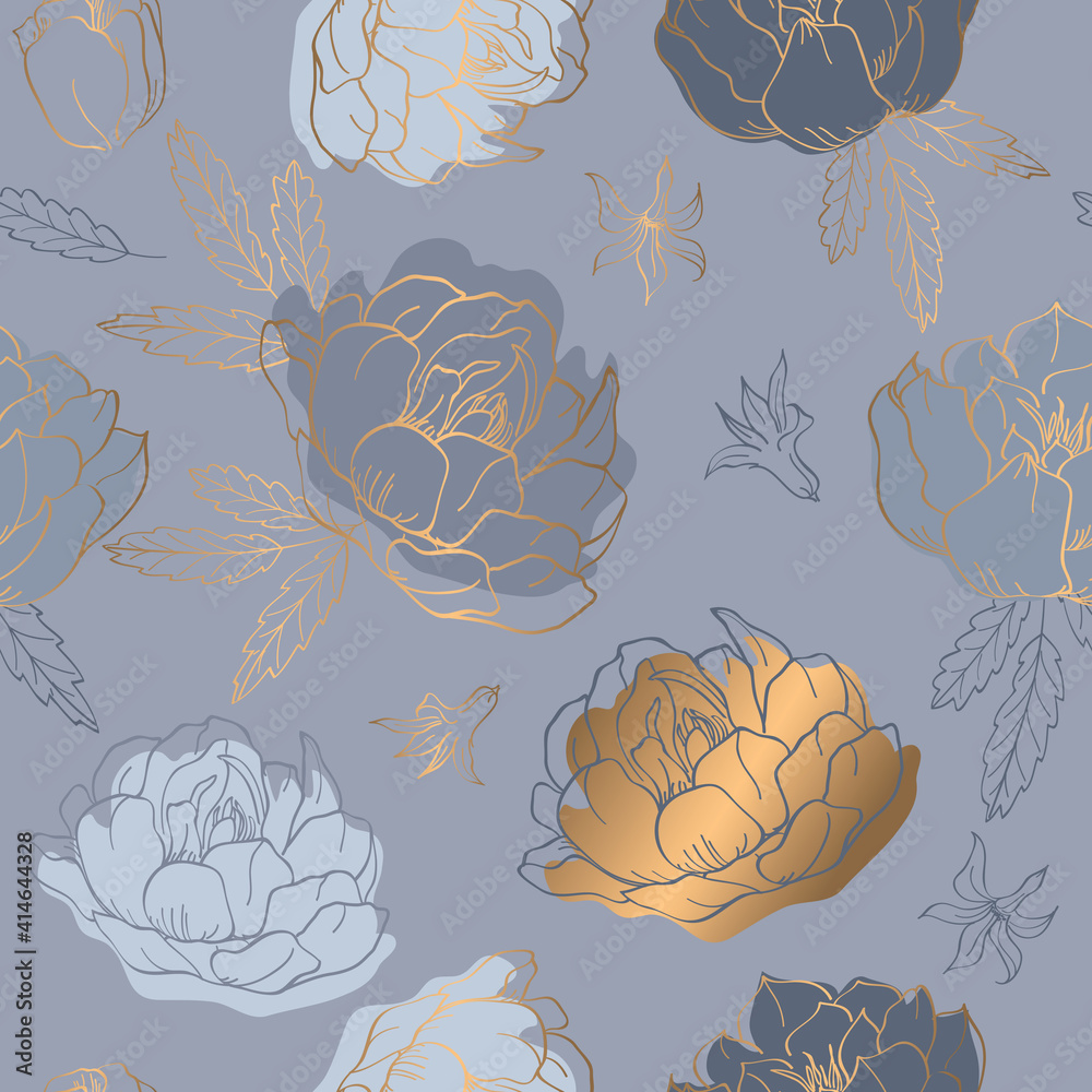 Modern seamless pattern with grey and gold wild peonies. Grey floral background for textile, fabric manufacturing, wallpaper, covers, surface, print, gift wrap, scrapbooking. Vector.