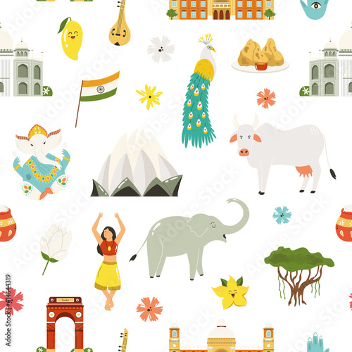 Seamless pattern with famous symbols, landmarks, animals of India.