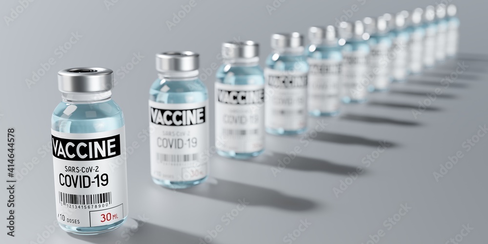 Many covid-19 / SARS-CoV-2 / coronavirus vaccine ampoules, selective focus - 3D illustration Many covid-19 / SARS-CoV-2 / coronavirus vaccine ampoules, selective focus - 3D illustration