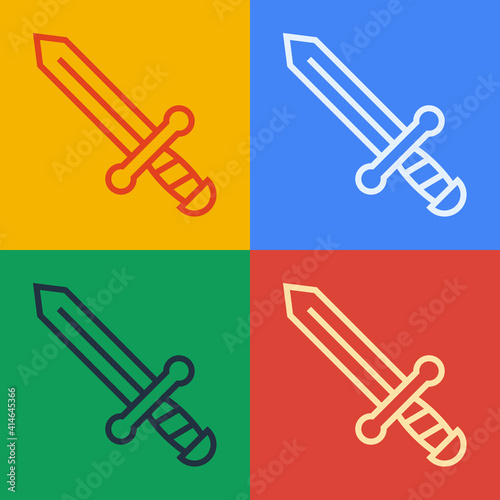 Pop art line Medieval sword icon isolated on color background. Medieval weapon. Vector.