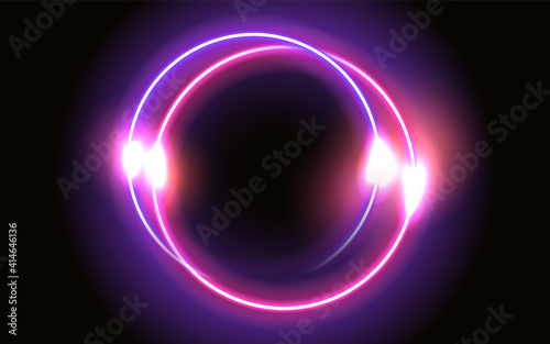 Abstract fantastic background with neon glow round frame and shiny light space portal into another dimension. Fluorescent space border.