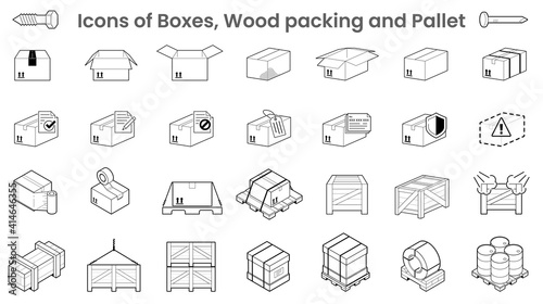 Illustration icons of Boxes Wood packing and Pallet