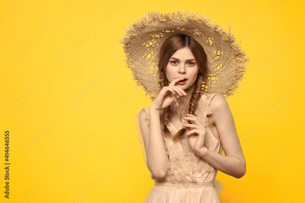 cheerful elegant woman in dress summer hat travel yellow background cheerful elegant woman in dress summer hat travel yellow background