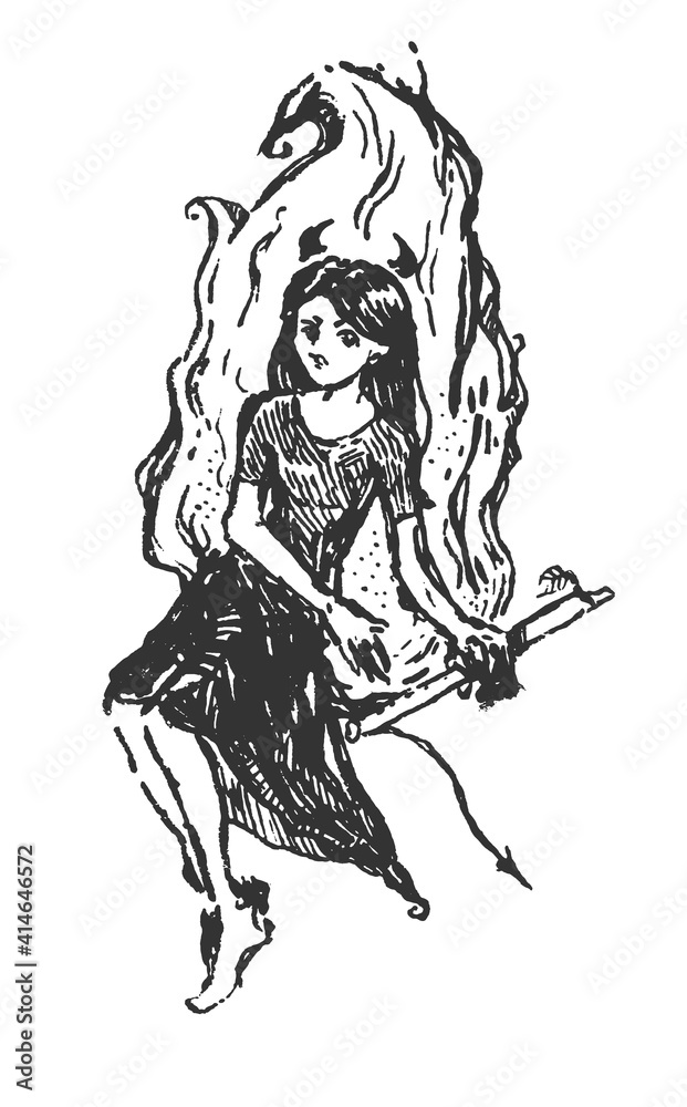 Fototapeta premium Demon girl in a fire. Ink sketch.