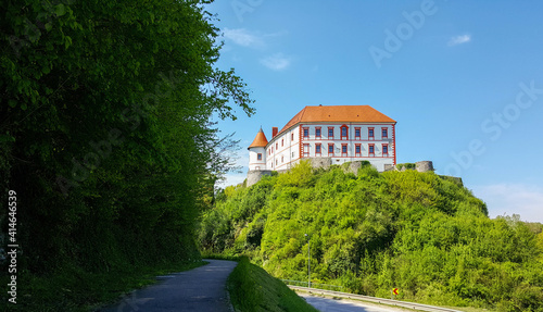 Amazing medieval castle in spring. Top of hill, sunny day, landmark, tourism. Ozalj, Croatia. photo