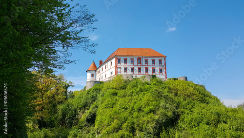 Amazing medieval castle in spring. Top of hill, sunny day, landmark, tourism. Ozalj, Croatia. photo