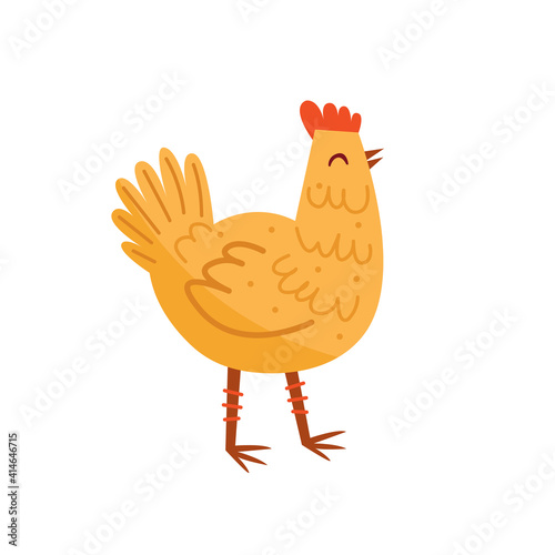 Yellow hen, bird, domestic animal. Farm, countryside life. Eco food production. Illustration, design element.