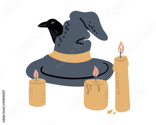 Vector magic illustration. Witch hat, crow and candles. Magical poster, card, composition