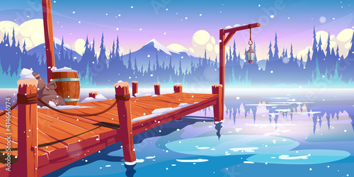 Wooden pier on winter lake, pond or river landscape, wharf with ropes, lantern, barrel and sacks on mountains background with clouds, spruces and snowflakes fall on water. Cartoon vector illustration