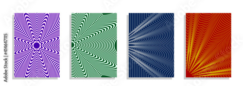 Bright colorful creative covers, templates, posters, placards, brochures, banners, flyers and etc. Optical illusion wavy strips and lines backgrounds. Sunbeam concept.