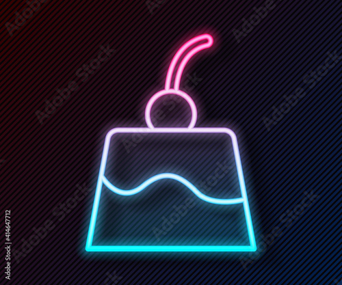 Glowing neon line Pudding custard with caramel glaze icon isolated on black background. Vector.