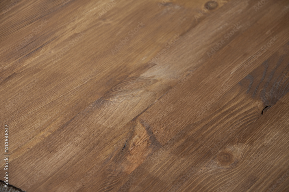 View of varnished pine wood table, horizontal View of varnished pine wood table, horizontal
