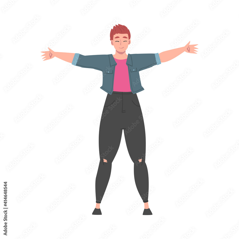 Young Woman Standing with her Arms Outstretched, Welcome, Solidarity, Friendship and Charity Concept Cartoon Style Vector Illustration