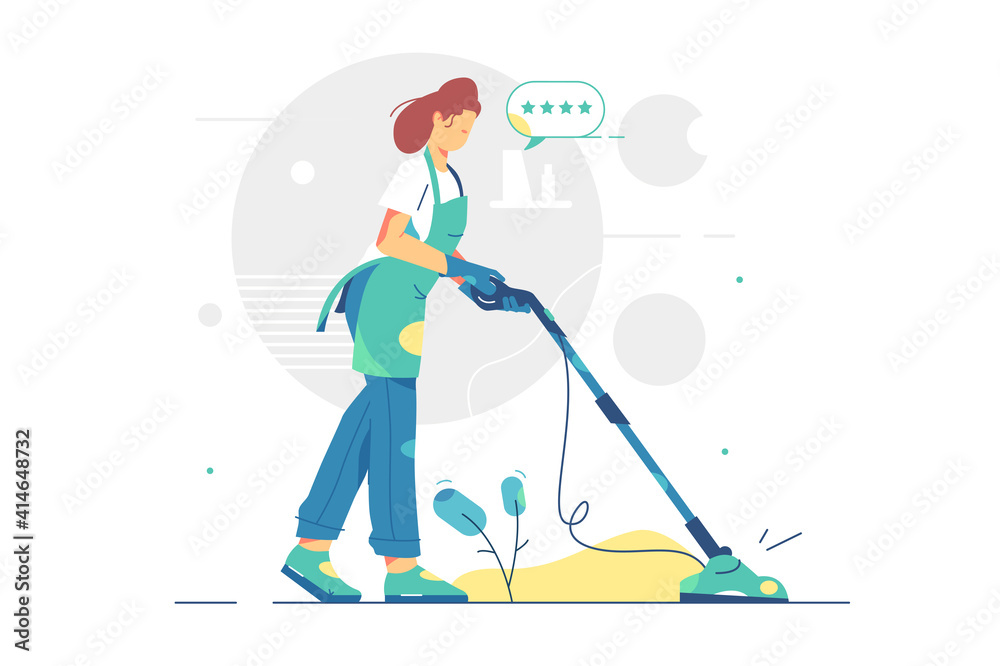 Woman work in cleaning service vector illustration. Female using vacuum cleaner in clients apartment flat style. Quality cleaning service concept. Isolated on white background Woman work in cleaning service vector illustration. Female using vacuum cleaner in clients apartment flat style. Quality cleaning service concept. Isolated on white background
