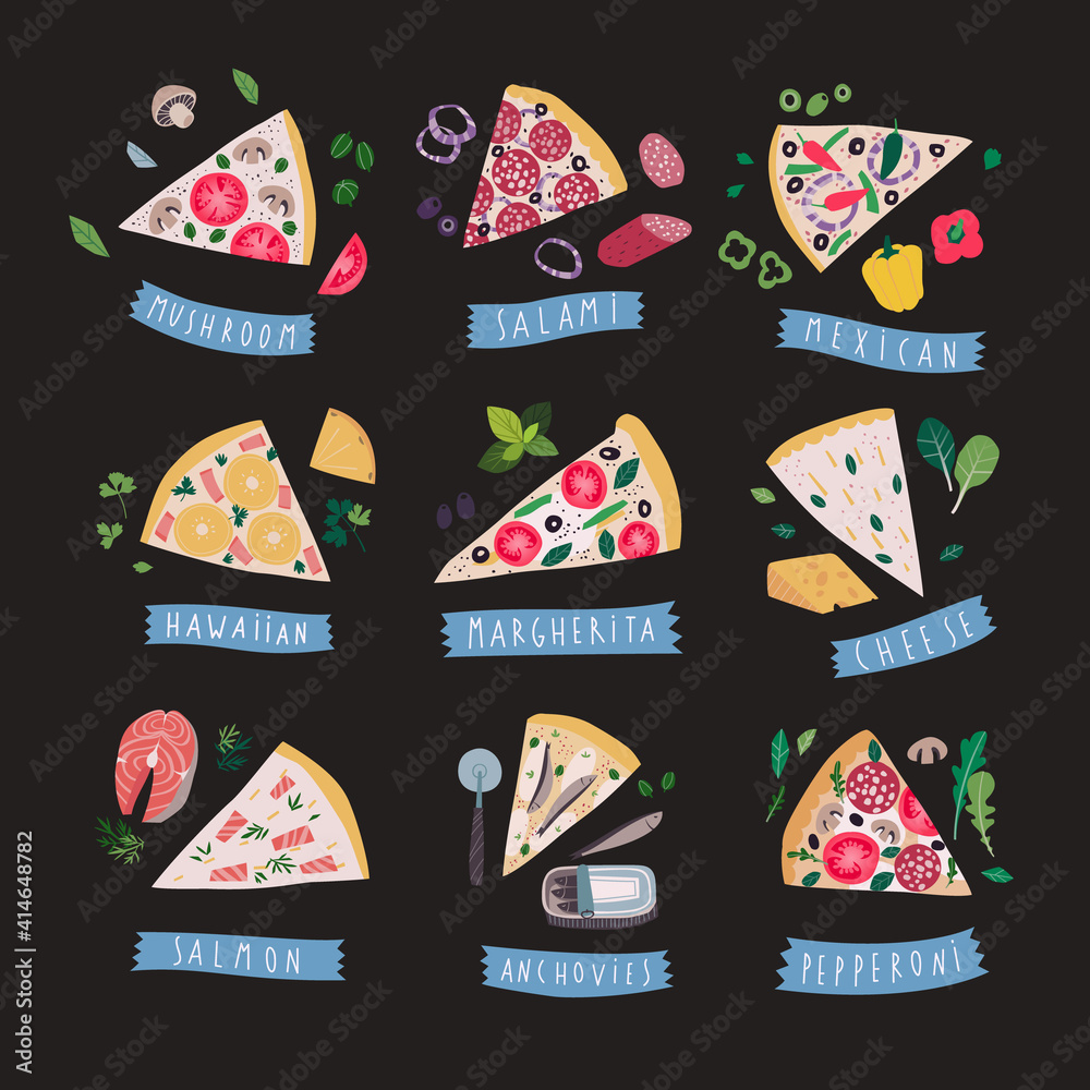 Collection of various pizza slices, clip art vector illustration