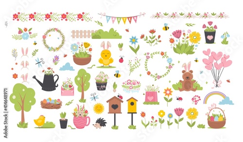 Easter spring set with cute animals, birds, bees, butterflies.